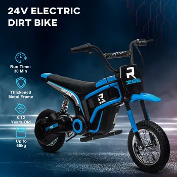 HOMCOM 24V Electric Motorbike with Twist Grip Throttle, Music, Horn, 12" Pneumatic Tyres, 16km/h Max Speed in Blue