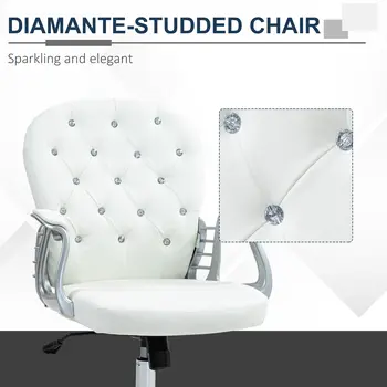 Home or Office Chair with 360° Swivel, PU Diamante Padded, Base 5 Castor Wheels, Ergonomic Desk Chair in White by Vinsetto