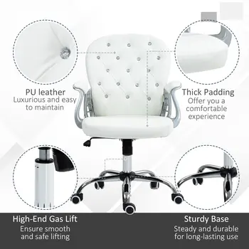 Home or Office Chair with 360° Swivel, PU Diamante Padded, Base 5 Castor Wheels, Ergonomic Desk Chair in White by Vinsetto