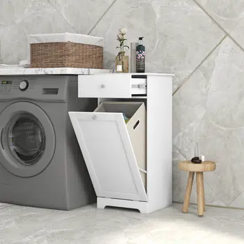 Bathroom Cabinet with Laundry Basket, Bathroom Storage Unit with Foldable Laundry Hamper and Drawer for Washroom, White by HOMCOM
