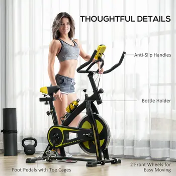 Indoor Exercise Bike, Stationary Bike, Cycling Machine with Adjustable Seat and Resistance for Home Gym Workout in Yellow by SPORTNOW