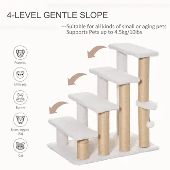 PawHut Pet Stair with 4-step Climb Ladder, Scratching Posts, Platforms, Toy Ball, for Indoor Elderly Cats Kittens in White