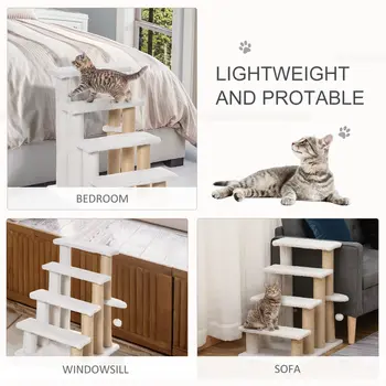 PawHut Pet Stair with 4-step Climb Ladder, Scratching Posts, Platforms, Toy Ball, for Indoor Elderly Cats Kittens in White