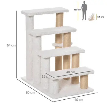 PawHut Pet Stair with 4-step Climb Ladder, Scratching Posts, Platforms, Toy Ball, for Indoor Elderly Cats Kittens in White