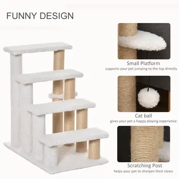 PawHut Pet Stair with 4-step Climb Ladder, Scratching Posts, Platforms, Toy Ball, for Indoor Elderly Cats Kittens in White