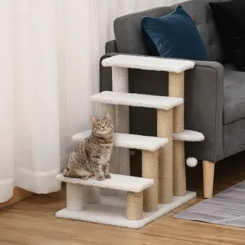 PawHut Pet Stair with 4-step Climb Ladder, Scratching Posts, Platforms, Toy Ball, for Indoor Elderly Cats Kittens in White