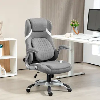Vinsetto Ergonomic Desk Chair with Adjustable Height and Tension, Armrests, Linen-Look Home Office Chair in Grey