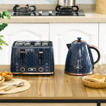 HOMCOM Blue Kettle and Toaster Set, 1.7L 3000W Fast Boil Jug Kettle with Auto Shut Off, 4 Slice Toaster with 7 Level Browning Controls & Crumb Tray