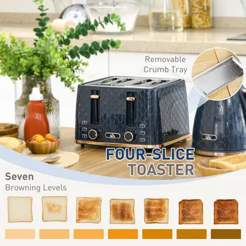 HOMCOM Blue Kettle and Toaster Set, 1.7L 3000W Fast Boil Jug Kettle with Auto Shut Off, 4 Slice Toaster with 7 Level Browning Controls & Crumb Tray