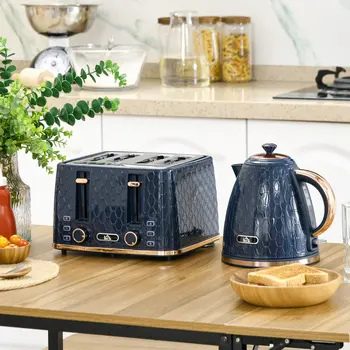 HOMCOM Blue Kettle and Toaster Set, 1.7L 3000W Fast Boil Jug Kettle with Auto Shut Off, 4 Slice Toaster with 7 Level Browning Controls & Crumb Tray