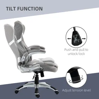 Vinsetto Ergonomic Desk Chair with Adjustable Height and Tension, Armrests, Linen-Look Home Office Chair in Grey