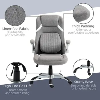 Vinsetto Ergonomic Desk Chair with Adjustable Height and Tension, Armrests, Linen-Look Home Office Chair in Grey