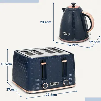 HOMCOM Blue Kettle and Toaster Set, 1.7L 3000W Fast Boil Jug Kettle with Auto Shut Off, 4 Slice Toaster with 7 Level Browning Controls & Crumb Tray