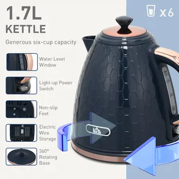 HOMCOM Blue Kettle and Toaster Set, 1.7L 3000W Fast Boil Jug Kettle with Auto Shut Off, 4 Slice Toaster with 7 Level Browning Controls & Crumb Tray