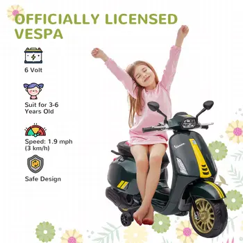AIYAPLAY 12V Vespa Licensed Kids Electric Scooter Motorbike with Music, Headlights, FM Radio, for 3-6 Years in Green