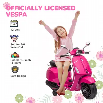 12V Vespa Licensed Kids Electric Scooter Motorbike w/ Music, Headlights, FM Radio, for 3-6 Years - Pink | AIYAPLAY
