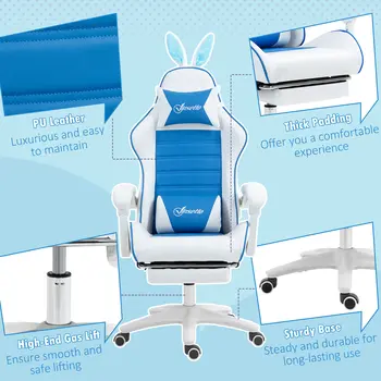 Vinsetto Racing Computer Gaming Chair, Reclining PU Leather Chair with Removable Rabbit Ears, Footrest and Lumber Support in Blue