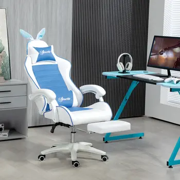 Vinsetto Racing Computer Gaming Chair, Reclining PU Leather Chair with Removable Rabbit Ears, Footrest and Lumber Support in Blue