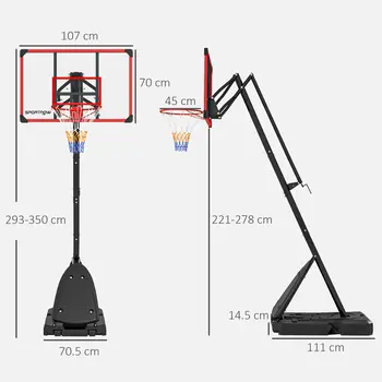 Adjustable Basketball Hoop and Stand with Weighted Base, Portable on Wheels in Red 2.4-2.9m by SPORTNOW