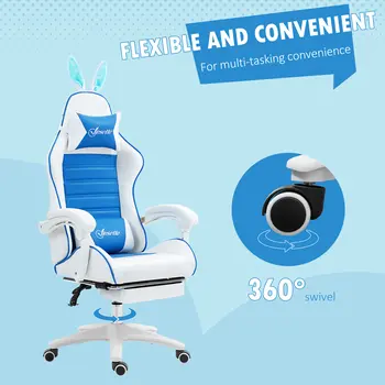 Vinsetto Racing Computer Gaming Chair, Reclining PU Leather Chair with Removable Rabbit Ears, Footrest and Lumber Support in Blue
