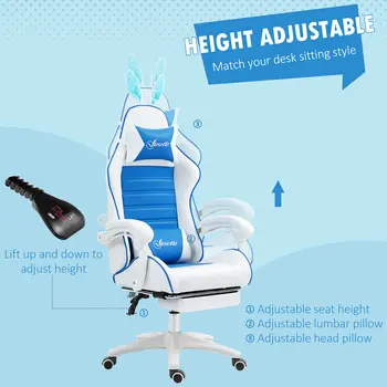 Vinsetto Racing Computer Gaming Chair, Reclining PU Leather Chair with Removable Rabbit Ears, Footrest and Lumber Support in Blue