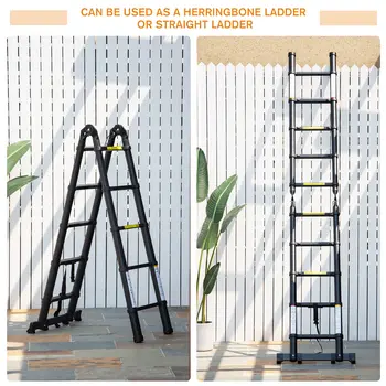 DURHAND 3.2m/10.5ft Extendable Telescopic Ladder, Aluminium Ladder with Anti-slip Pedals, Portable Foldable 10 Step Ladder, 150kg Capacity, EN131 in Black