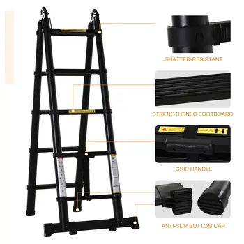 DURHAND 3.2m/10.5ft Extendable Telescopic Ladder, Aluminium Ladder with Anti-slip Pedals, Portable Foldable 10 Step Ladder, 150kg Capacity, EN131 in Black