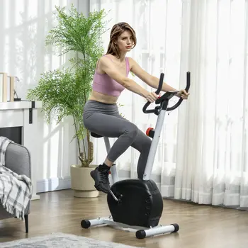 SPORTNOW Quiet Exercise Bike Stationary Bike with 8-Level Magnetic Resistance, Heart-Rate Sensor and Wheels in White