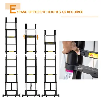 DURHAND 3.2m/10.5ft Extendable Telescopic Ladder, Aluminium Ladder with Anti-slip Pedals, Portable Foldable 10 Step Ladder, 150kg Capacity, EN131 in Black