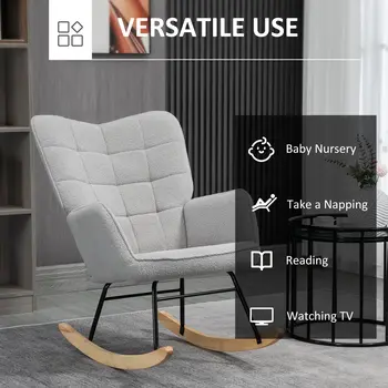 HOMCOM Berber Fleece Nursery Glider Rocker for Nursing, Wingback Rocking Chair for Living Room in Light Grey