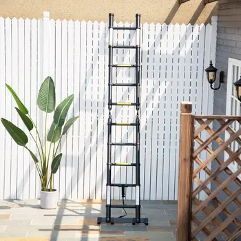 DURHAND 3.2m/10.5ft Extendable Telescopic Ladder, Aluminium Ladder with Anti-slip Pedals, Portable Foldable 10 Step Ladder, 150kg Capacity, EN131 in Black