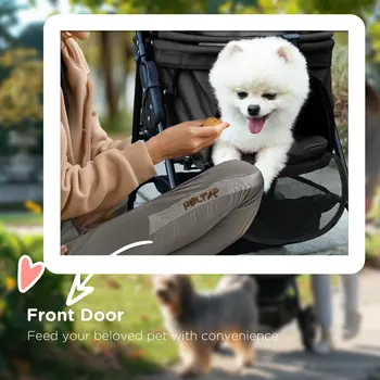 PawHut Pet Stroller, Foldable Cat Dog Pushchair, Pet Travel Carriage with 4 Wheels, Adjustable Canopy, Safety Leashes, Storage Basket and Cup Holder for Small Dogs, Black