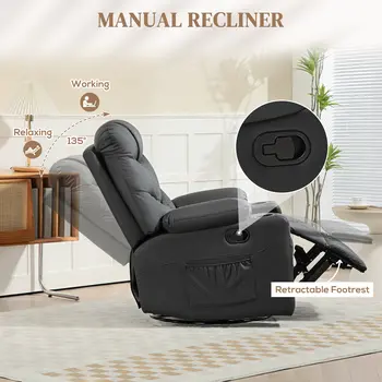 HOMCOM Manual Reclining Chair, Recliner Armchair with Swivel, Faux Leather, Footrest, Cup Holders, 86x93x102cm in Black
