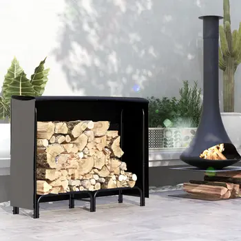 Outsunny 4FT Firewood Rack with Canvas Carrier Bag and 600D Oxford Waterproof Cover, Metal Log Store Indoors, Log Storage Rack Holder for Outdoor Indoor Fireplace, Black