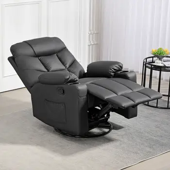 HOMCOM Manual Reclining Chair, Recliner Armchair with Swivel, Faux Leather, Footrest, Cup Holders, 86x93x102cm in Black