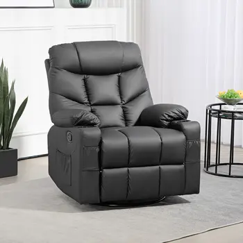 HOMCOM Manual Reclining Chair, Recliner Armchair with Swivel, Faux Leather, Footrest, Cup Holders, 86x93x102cm in Black