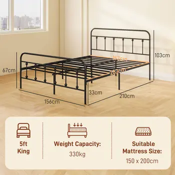 HOMCOM 5ft King Platform Bed Frame with Underbed Storage Tall Headboard Steel Slat, No Box Spring Needed, Easy Assembly in Black
