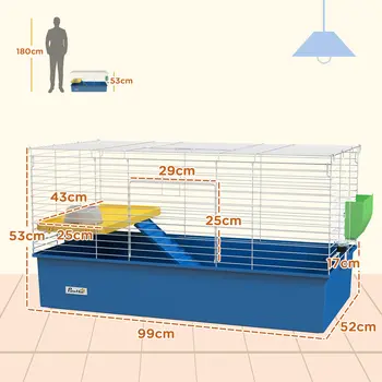 Chinchillas Small Rabbit Guinea Pig Small Animal Cage, Pet Playhouse, with Platform, Ramp, 99 x 52 x 53cm in Blue | PawHut