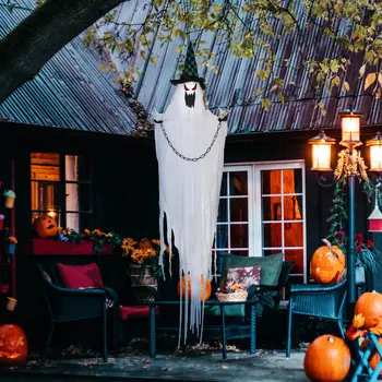 HOMCOM 204cm 80" Hanging Ghost Outdoor Halloween Decoration, Halloween Animatronic with Sound Activated, Light Up Eyes, Sound Effects, Animated Prop for Haunted House