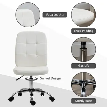 Computer Office Desk Chair, Faux Leather Desk Chair with Adjustable Height, Armless, White | Vinsetto