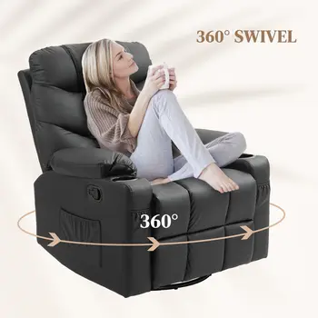 HOMCOM Manual Reclining Chair, Recliner Armchair with Swivel, Faux Leather, Footrest, Cup Holders, 86x93x102cm in Black