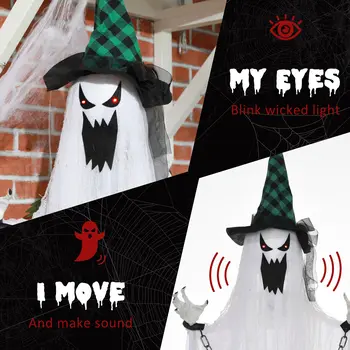 HOMCOM 204cm 80" Hanging Ghost Outdoor Halloween Decoration, Halloween Animatronic with Sound Activated, Light Up Eyes, Sound Effects, Animated Prop for Haunted House