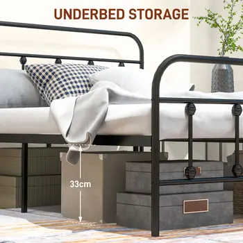 HOMCOM 5ft King Platform Bed Frame with Underbed Storage Tall Headboard Steel Slat, No Box Spring Needed, Easy Assembly in Black