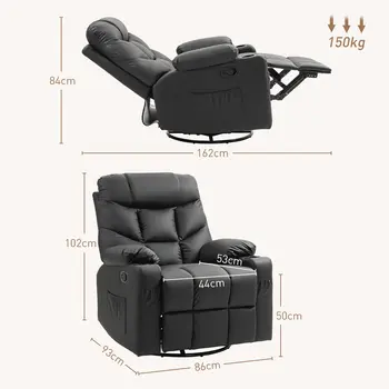 HOMCOM Manual Reclining Chair, Recliner Armchair with Swivel, Faux Leather, Footrest, Cup Holders, 86x93x102cm in Black