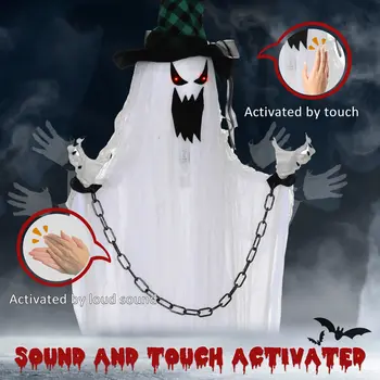 HOMCOM 204cm 80" Hanging Ghost Outdoor Halloween Decoration, Halloween Animatronic with Sound Activated, Light Up Eyes, Sound Effects, Animated Prop for Haunted House
