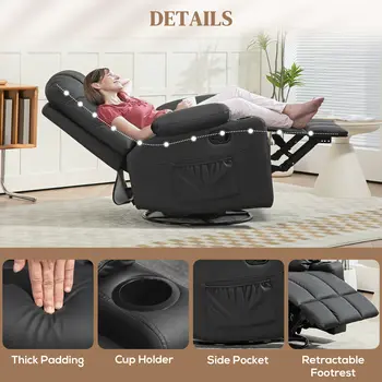 HOMCOM Manual Reclining Chair, Recliner Armchair with Swivel, Faux Leather, Footrest, Cup Holders, 86x93x102cm in Black
