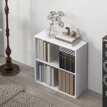 HOMCOM 2 Tier Bookshelf, Low Bookcase with Adjustable Shelf, 2 Compartments for Home Office, Living Room, Study in White