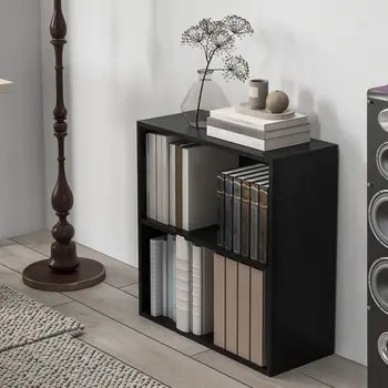 HOMCOM 2 Tier Bookshelf, Low Bookcase with Adjustable Shelf, 2 Compartments for Home Office, Living Room, Study in Black