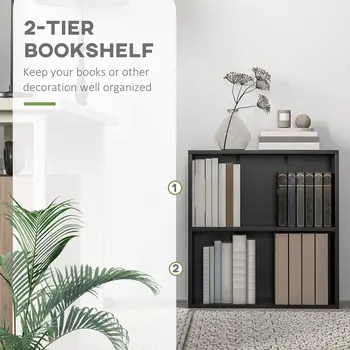 HOMCOM 2 Tier Bookshelf, Low Bookcase with Adjustable Shelf, 2 Compartments for Home Office, Living Room, Study in Black