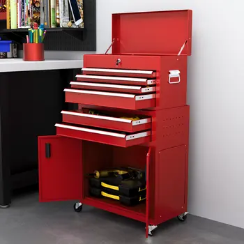 HOMCOM Portable Tool Box, Metal Tool Chest on Wheels with 6 Drawers for Garage and Workshop in Red